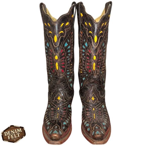 Corral Butterfly Inlay Western Boots Brown Multicolor Leather Size 6M –EXCELLENT - Picture 1 of 16